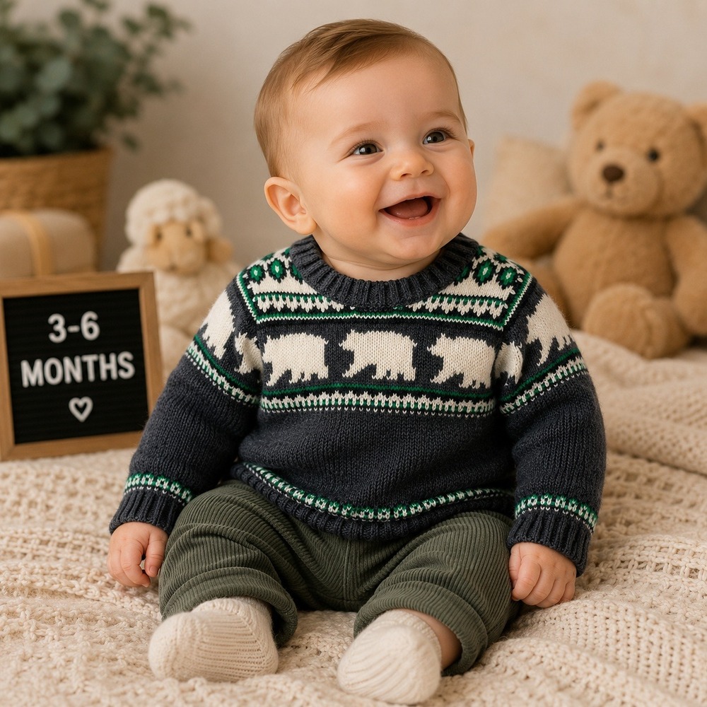 Janie and Jack Baby Boys Polar Bear Fair Isle Knit Sweater Gray Green 3-6 Months
